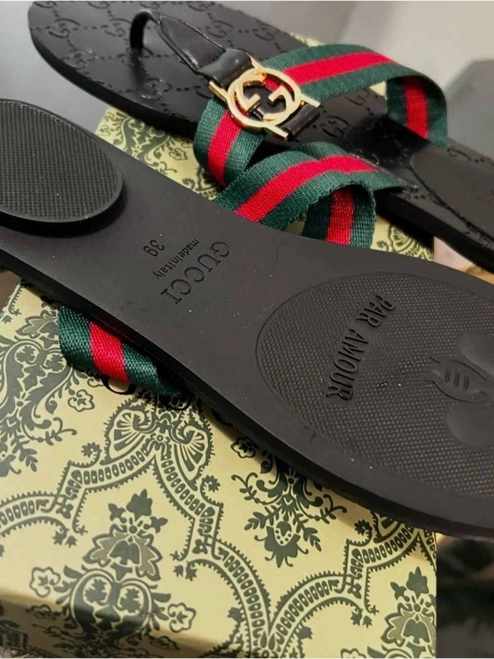 Women's Gucci Thong Sandals/ Signature Green & Red Stripe and Gold Accent/New.
